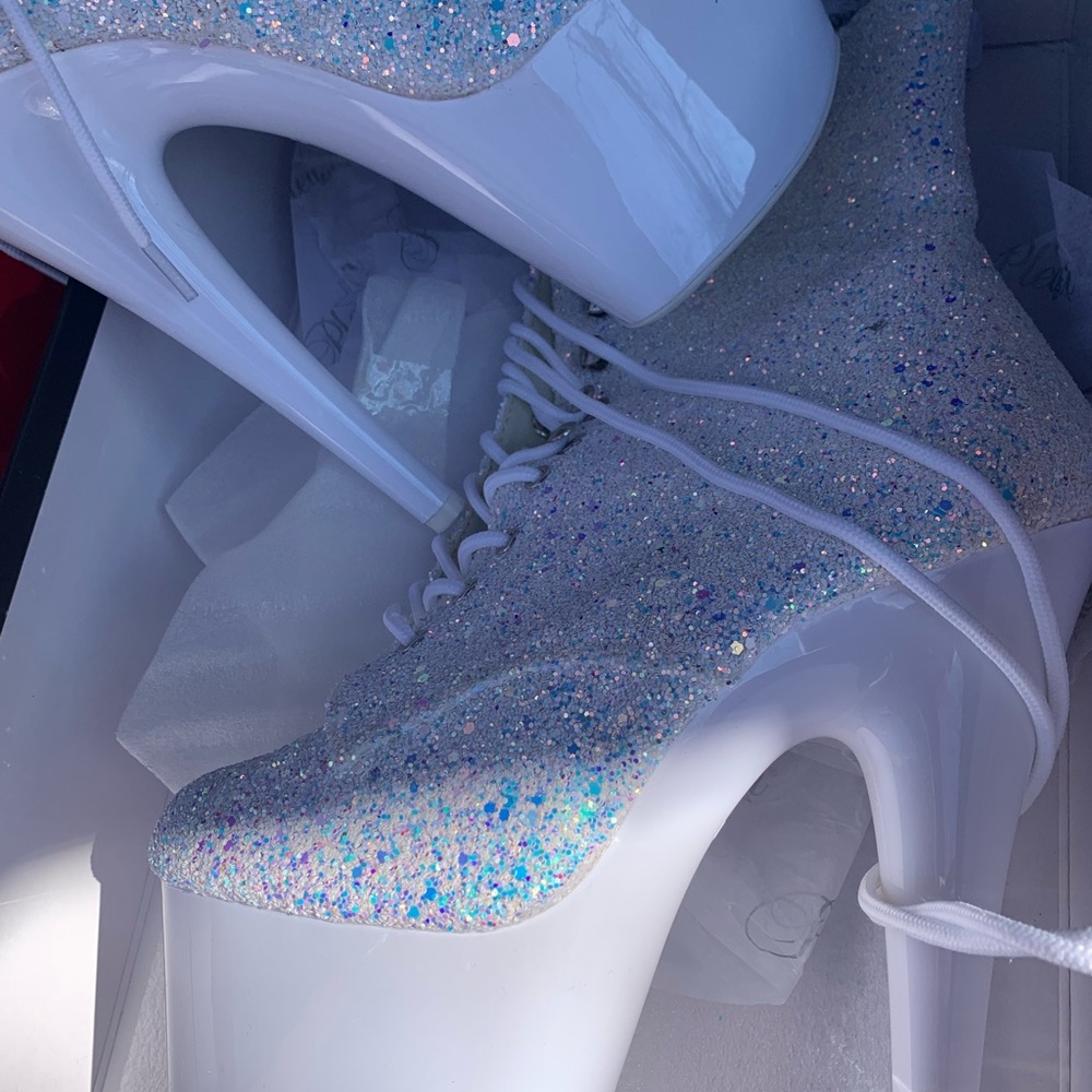 White iridescent glitter pleaser pole shoes